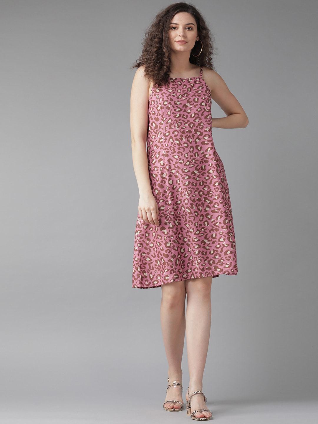 Women's  Pink & Brown Leopard Print A-Line Dress - AKS