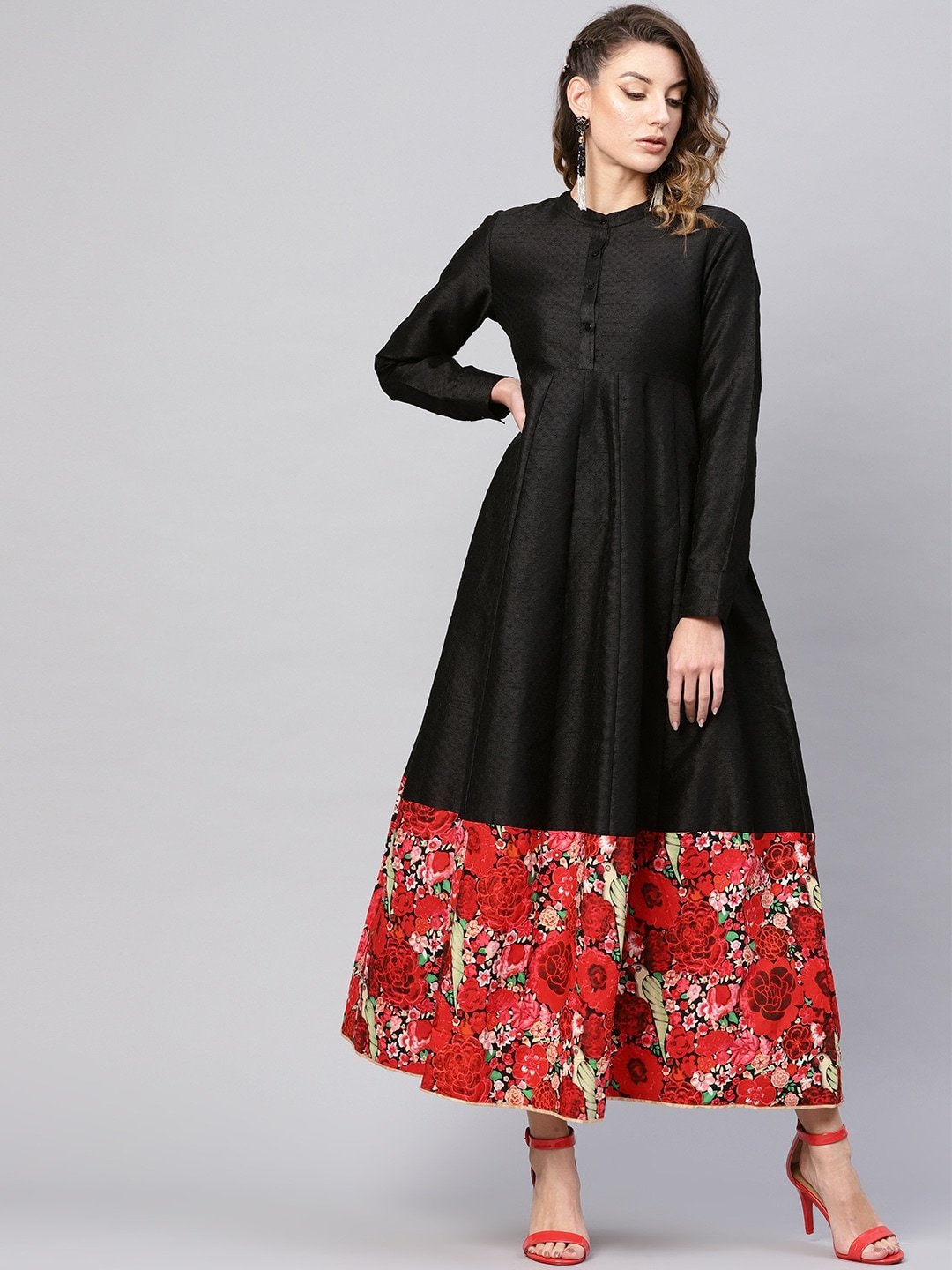 Women's  Black Floral Printed Detail Maxi Dress - AKS