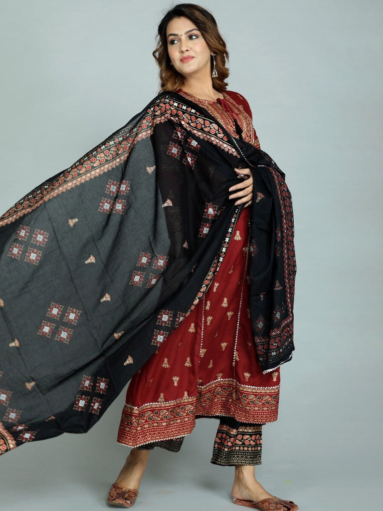 Women's Red Embroidered Panelled Kurti With Trousers & With Dupatta