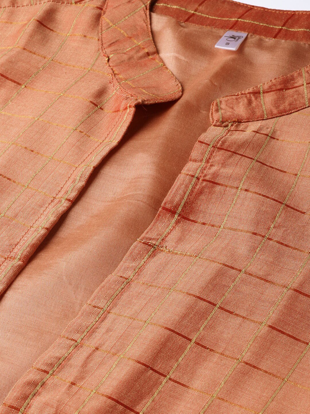Women's  Peach-Coloured & Golden Checked Open Front Longline Ethnic Jacket - AKS