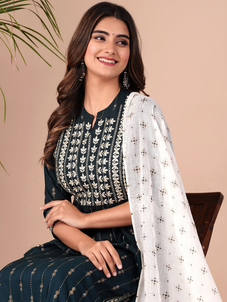 Women's Floral Printed Empire Thread Work Kurta With Palazzos & Dupatta