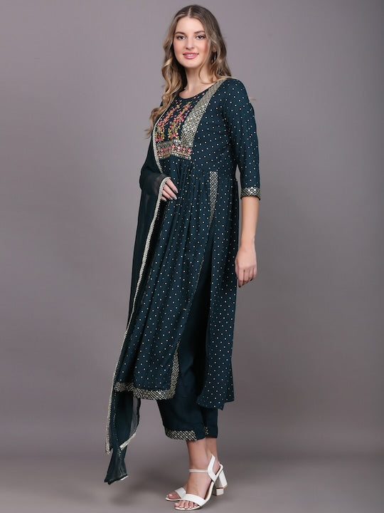 Women's Blue Ethnic Motifs Embroidered Pleated Kurta With Trousers & With Dupatta