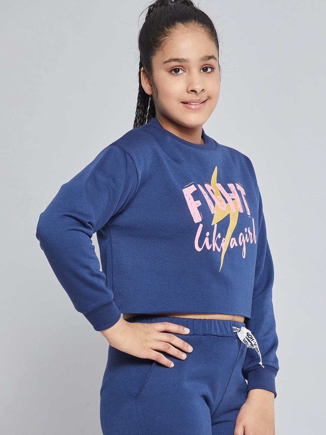 Girls Blue Fleece Fight Crop Sweatshirt - Lyush Kids