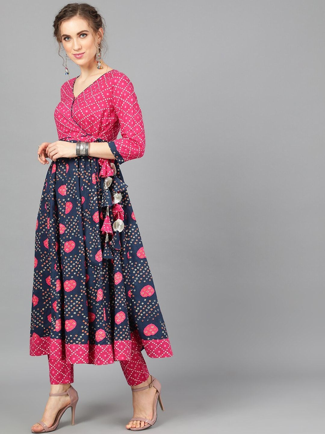 Women's  Navy Blue & Pink Printed Anarkali Style Angarkha Kurta - AKS
