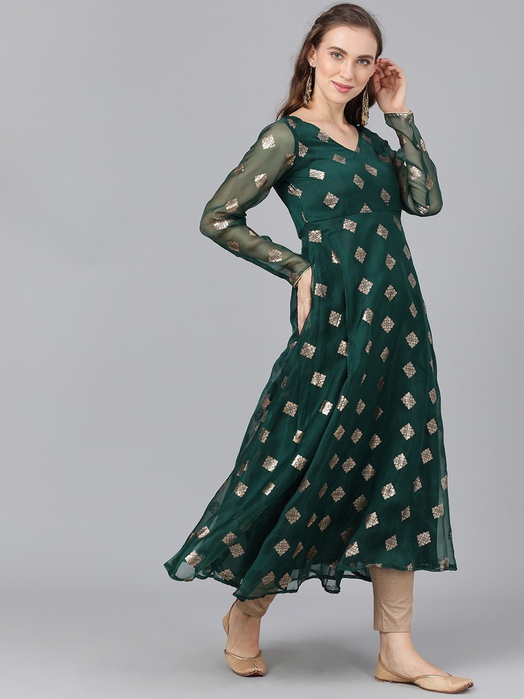 Women's  Green & Gold-Toned Woven Design Anarkali Kurta by AKS