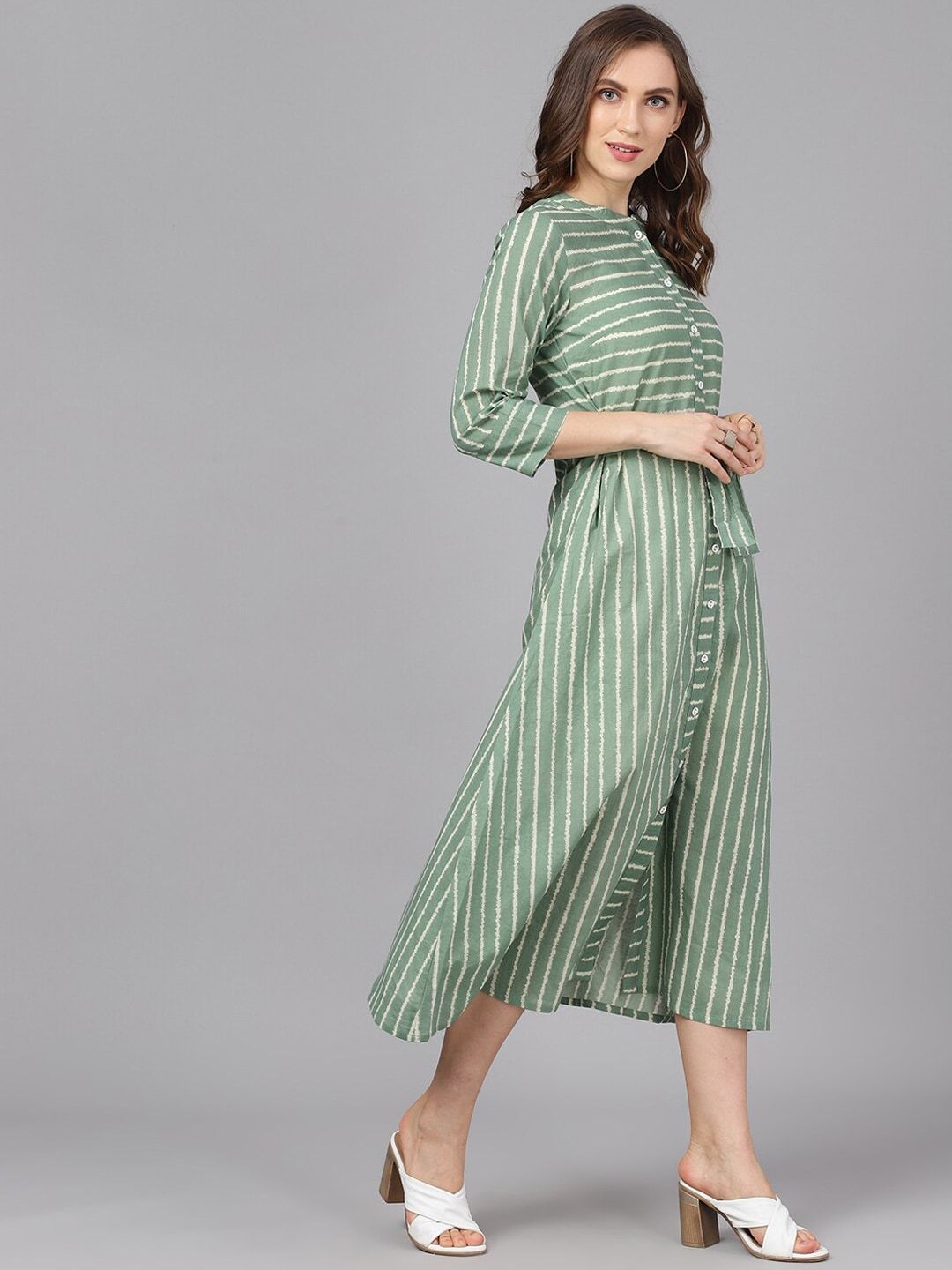 Women's  Green & Beige Striped A-Line Dress - AKS