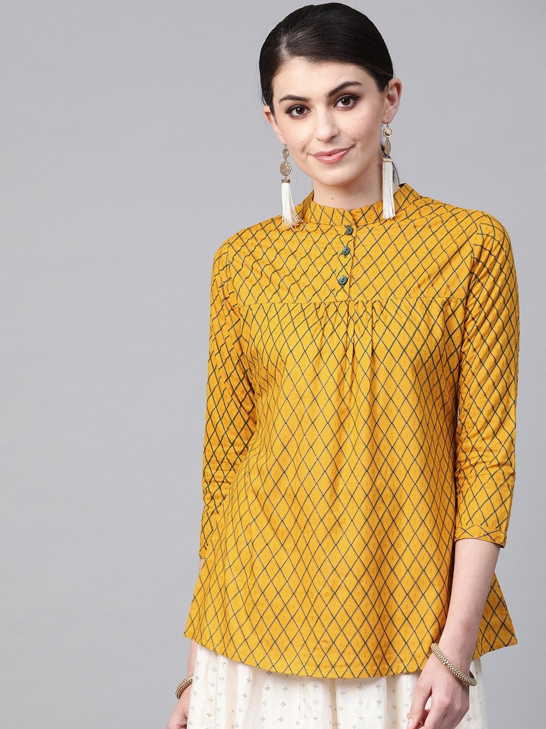 Women's Mustard Yellow & Green Checked Kurti - Meeranshi