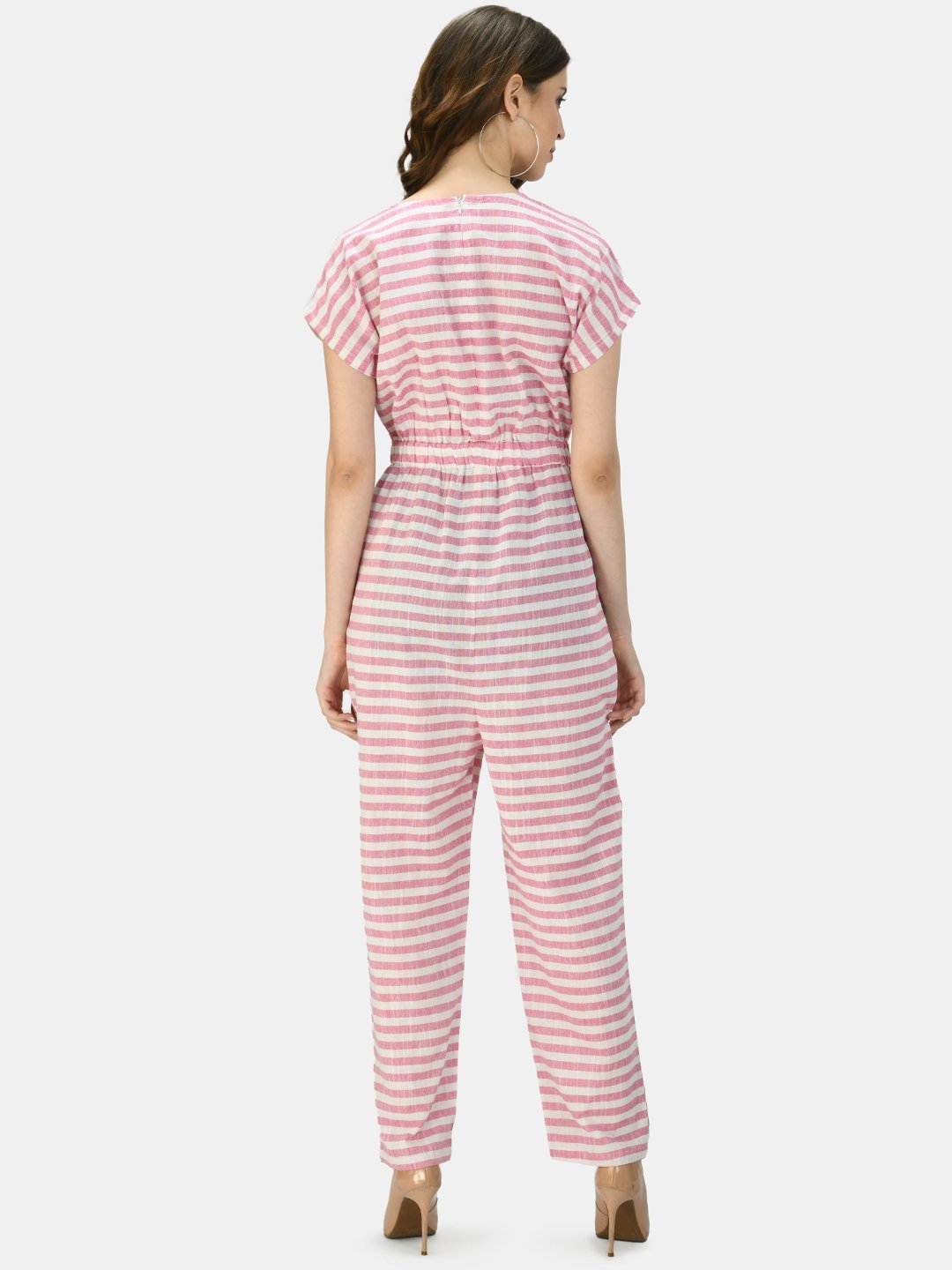 Women's Pink Cotton Printed Short Sleeve Round Neck Casual Jumpsuit - Myshka