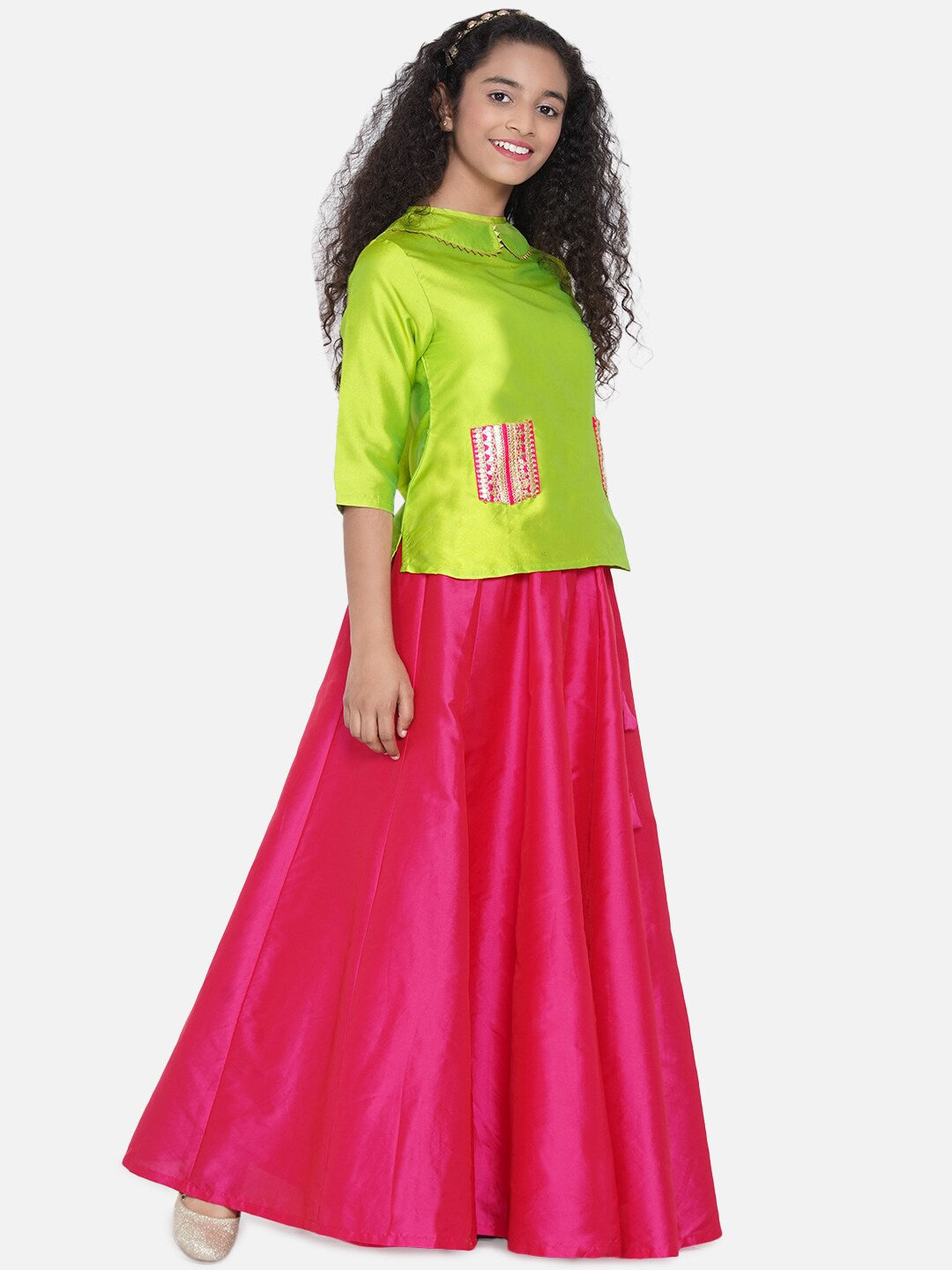 Girl's Green & Pink Embellished Ready to Wear Lehenga Choli - NOZ2TOZ KIDS