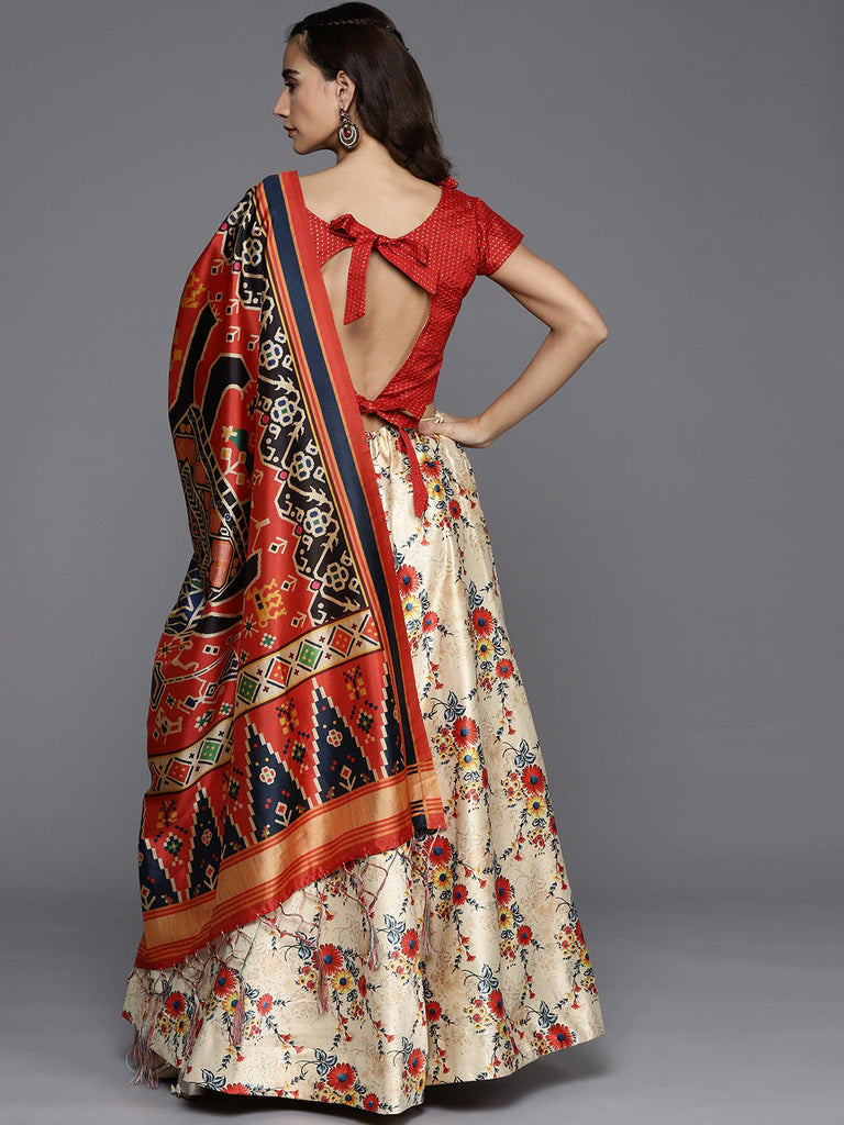 Women's Digital Print Shiney Satin Semistitched Lehenga Choli With Unstitched Blouse And Thred Work Dupatta