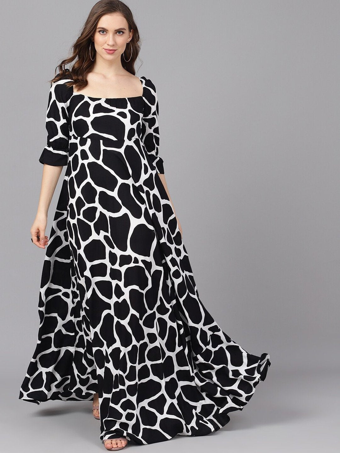 Women's  Black & White Printed Maxi Dress - AKS