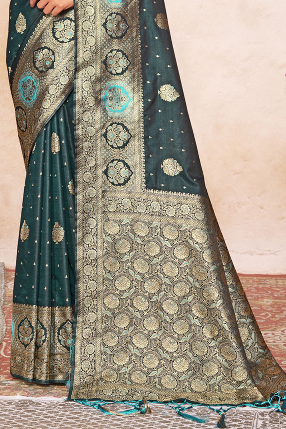 Women's Teal Silk Woven Zari Work Traditional Tassle Saree - Sangam Prints