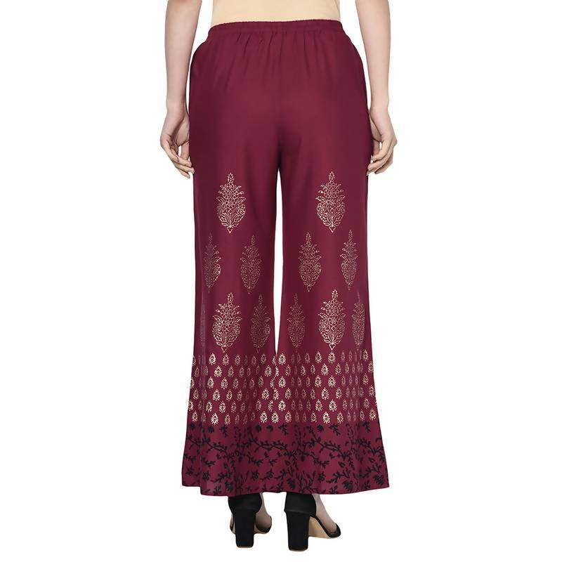 Women's Maroon Rayon Block Print Flared slip-on Palazzo