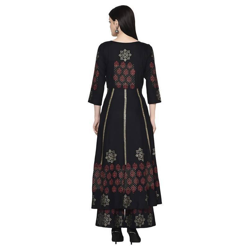 Women's Black Rayon Block print Anarkali kurta