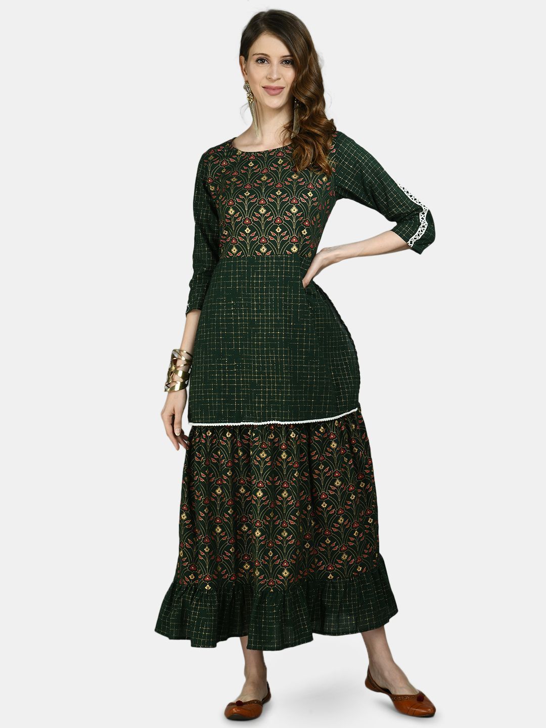 Women's Green Viscose Printed 3/4 Sleeve Round Neck Casual Dress - Myshka