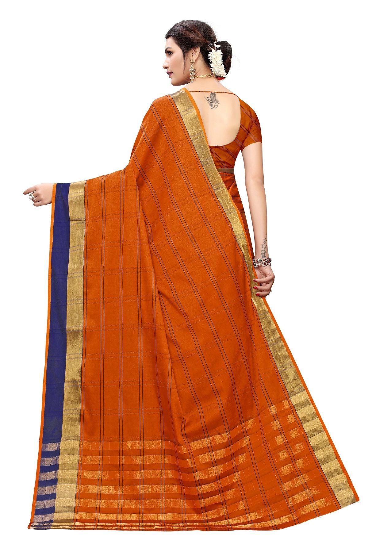 Women's Vamika Orange Cotton Silk Weaving Saree - Vamika