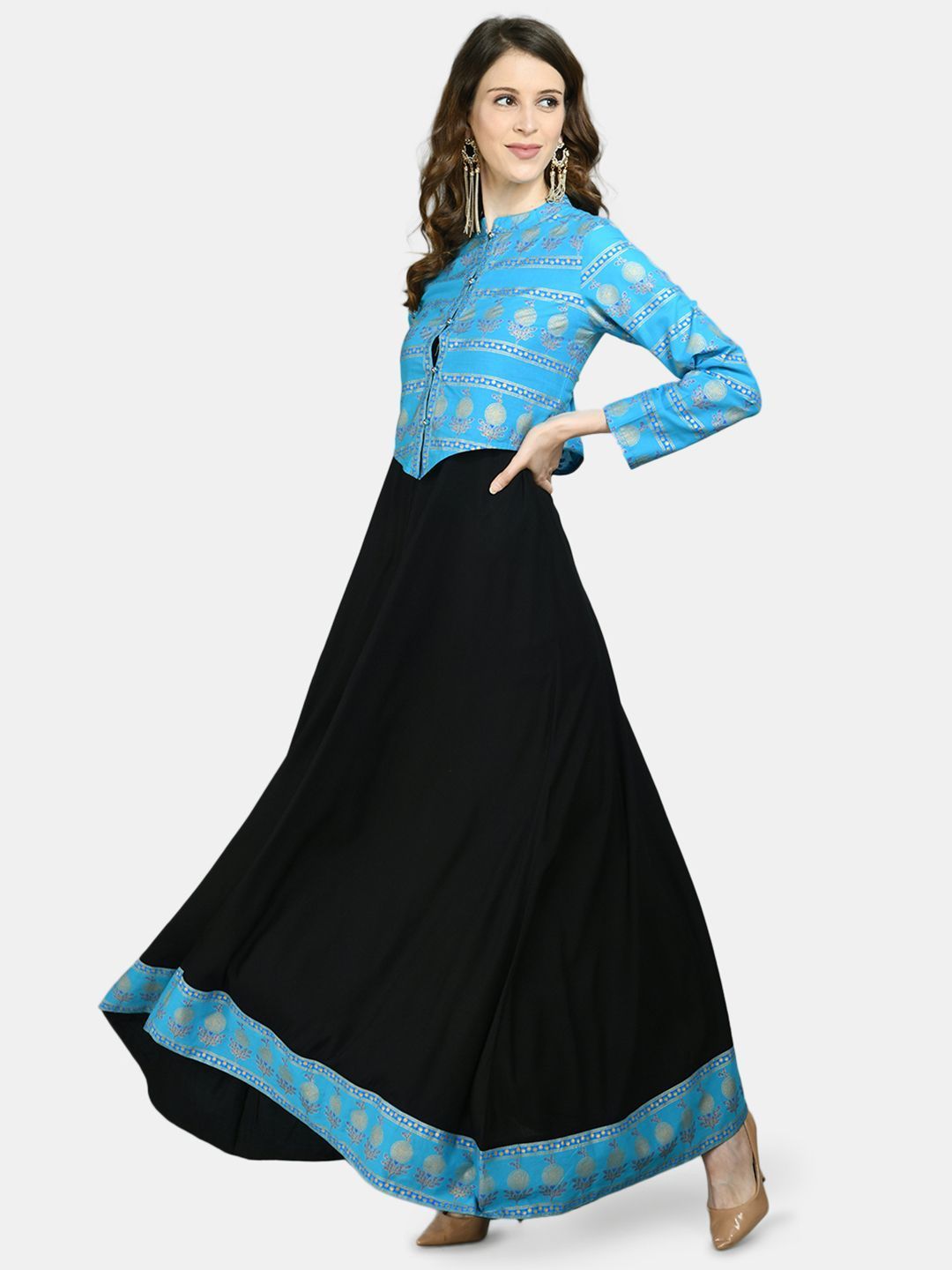 Women's Black Viscose Printed Full Sleeve Round Neck Casual Dress with  Jacket - Myshka