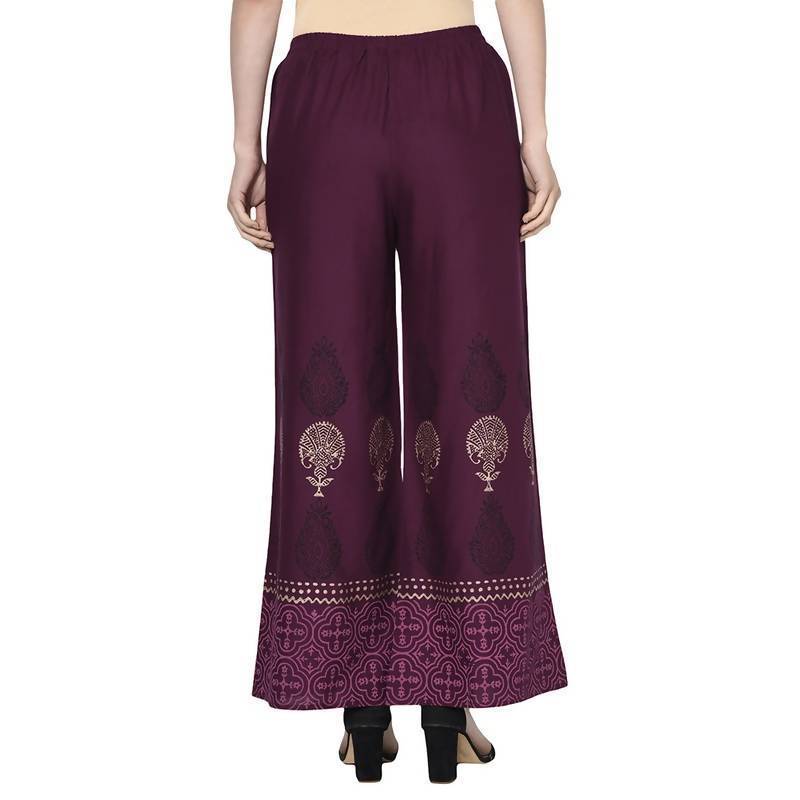 Women's Wine Rayon Block Print Flared slip-on Palazzo