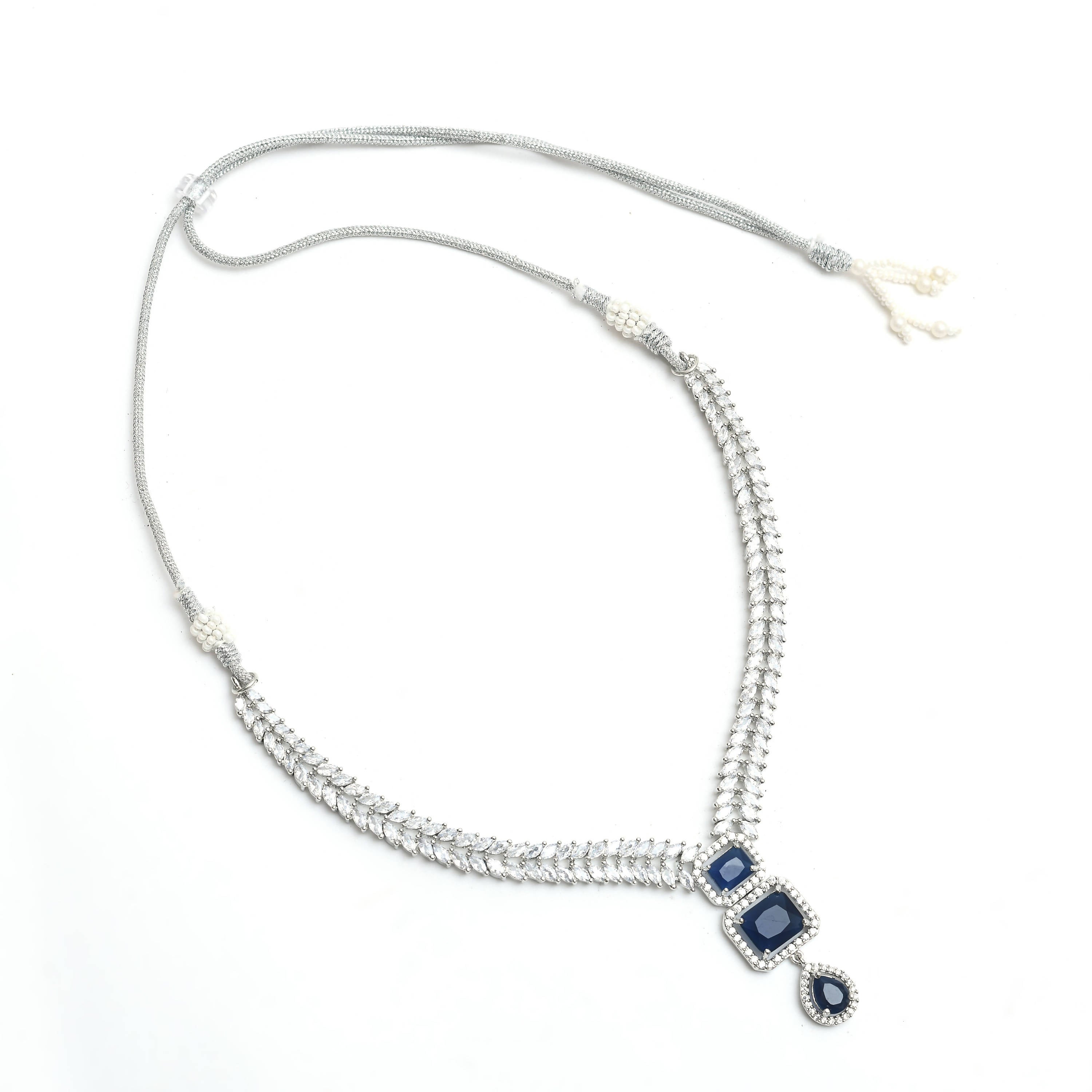 Kamal Johar American Diamond Silver-Plated Blue Ruby Jewellery Set Jkms_039
