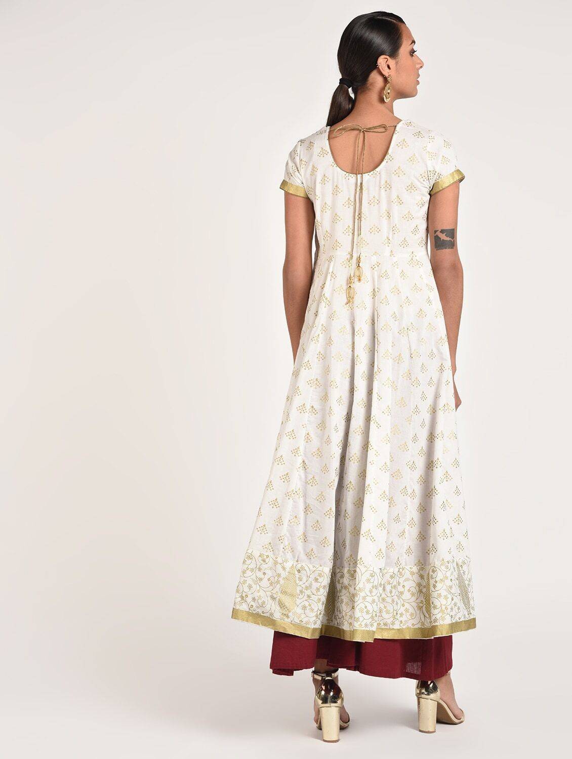 Women's Off-White Cotton Beautiful Gold Print Back Dori Latkan Anarkali Kurta Only - Cheera