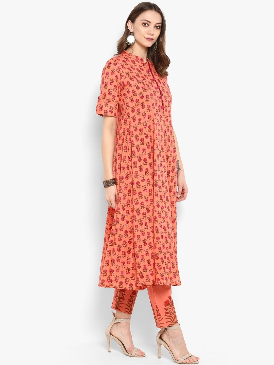 Women's Peach-Coloured & Red Printed Kurta with Trousers - Meeranshi