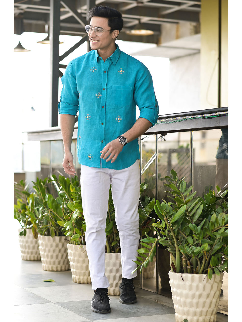 Men's Blue Linen Embroidery Shirt - Hatheli