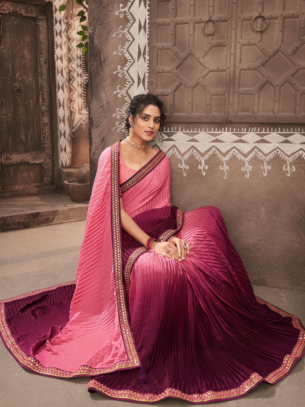 Women's Baby Pink Chinon Crush Heavy Embroidery Saree - Odette