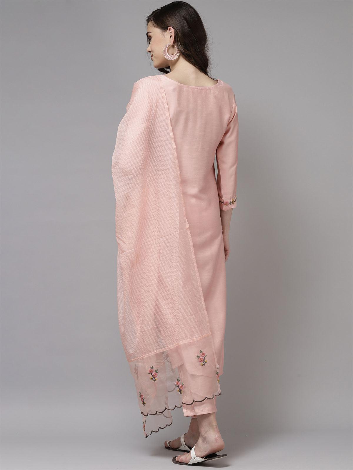 Women's Baby Pink Embroidered Straight Kurta Trouser With Dupatta Set - Odette