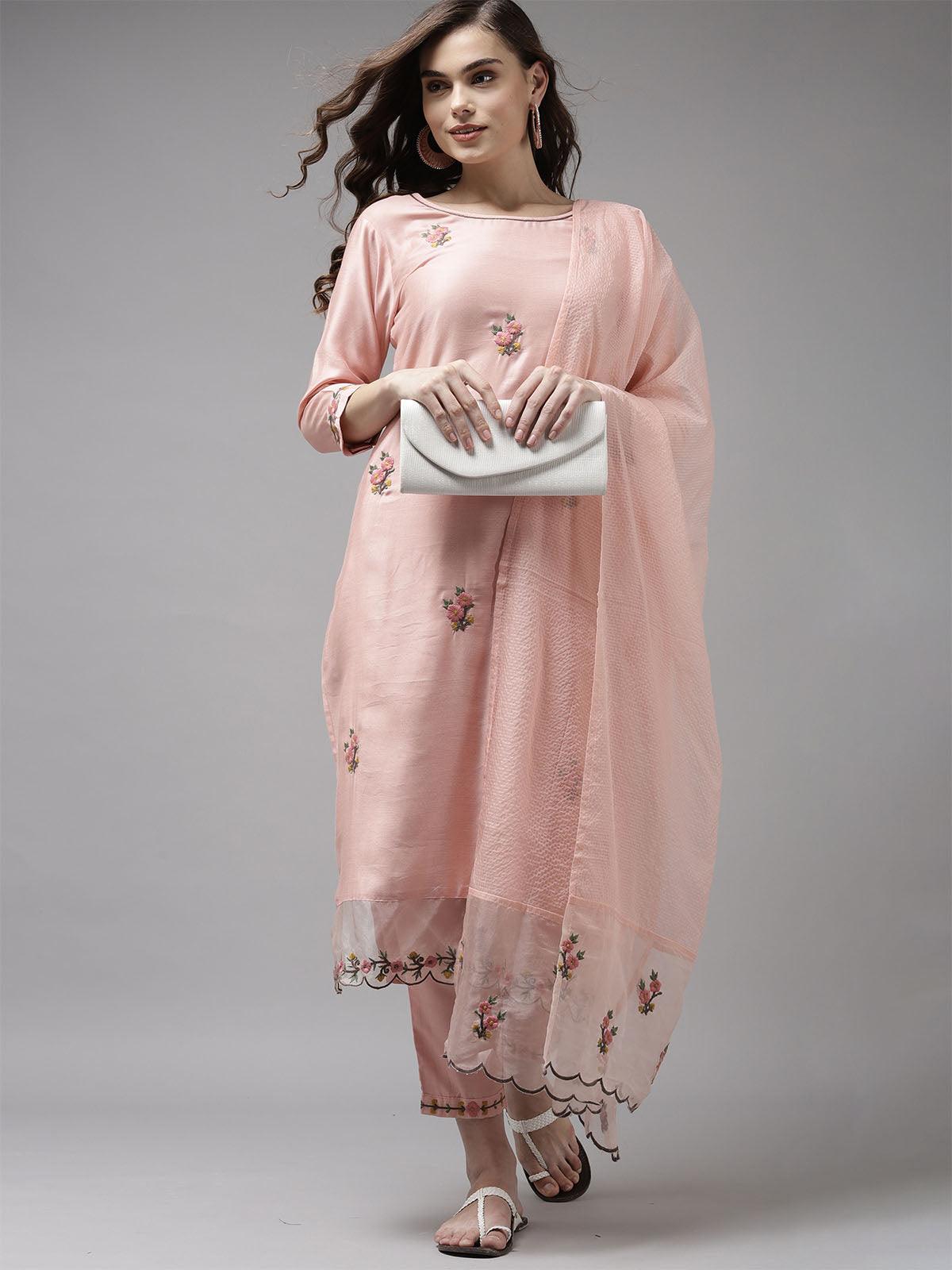 Women's Baby Pink Embroidered Straight Kurta Trouser With Dupatta Set - Odette