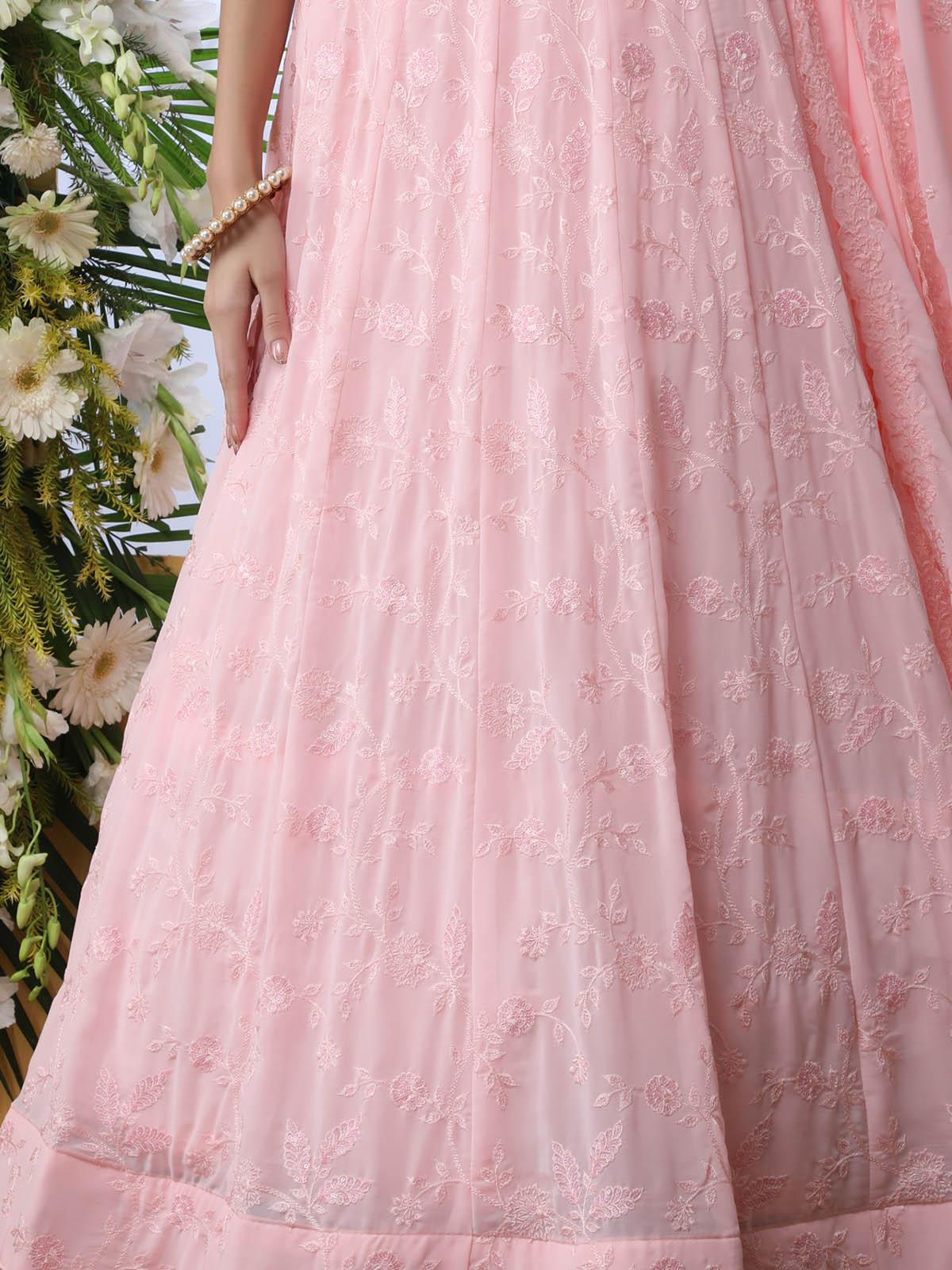 Women's Baby Pink Sequins Georgette Lehenga Set - Odette