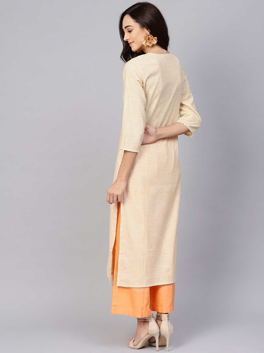 Women's Beige Striped Straight Kurta - Meeranshi