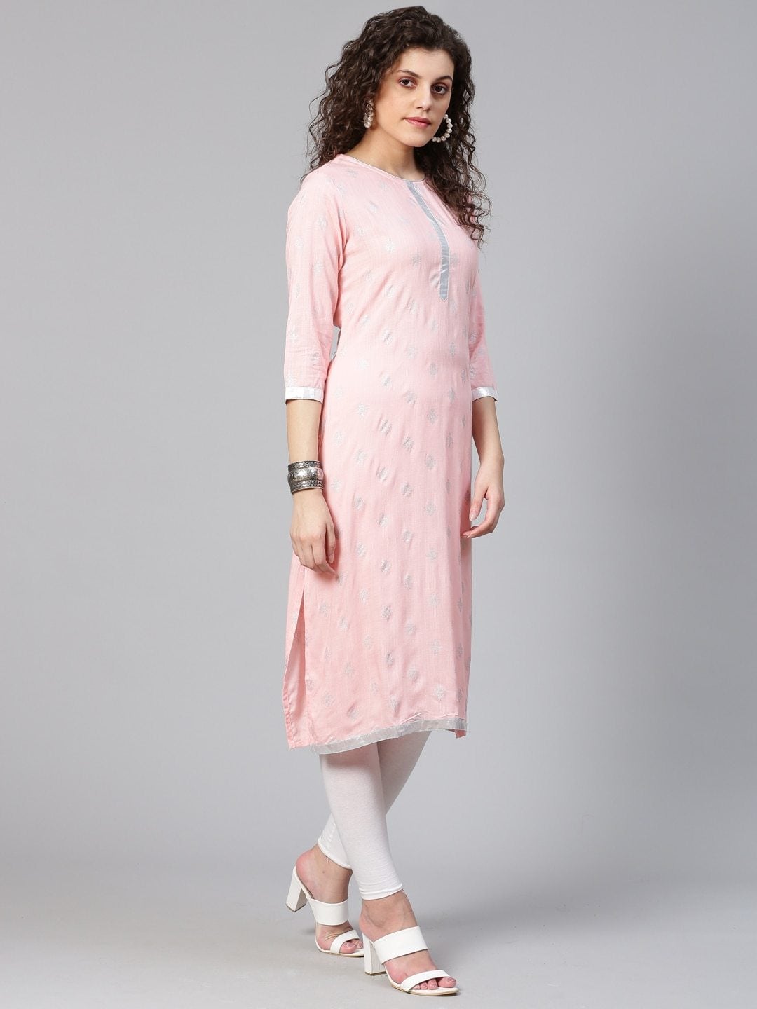 Women's Pink & Silver Gotta Patti Ethnic Printed Straight Kurta - Meeranshi