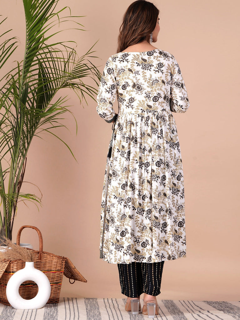 Women's Floral Printed Empire Thread Work Kurta With Palazzos & Dupatta