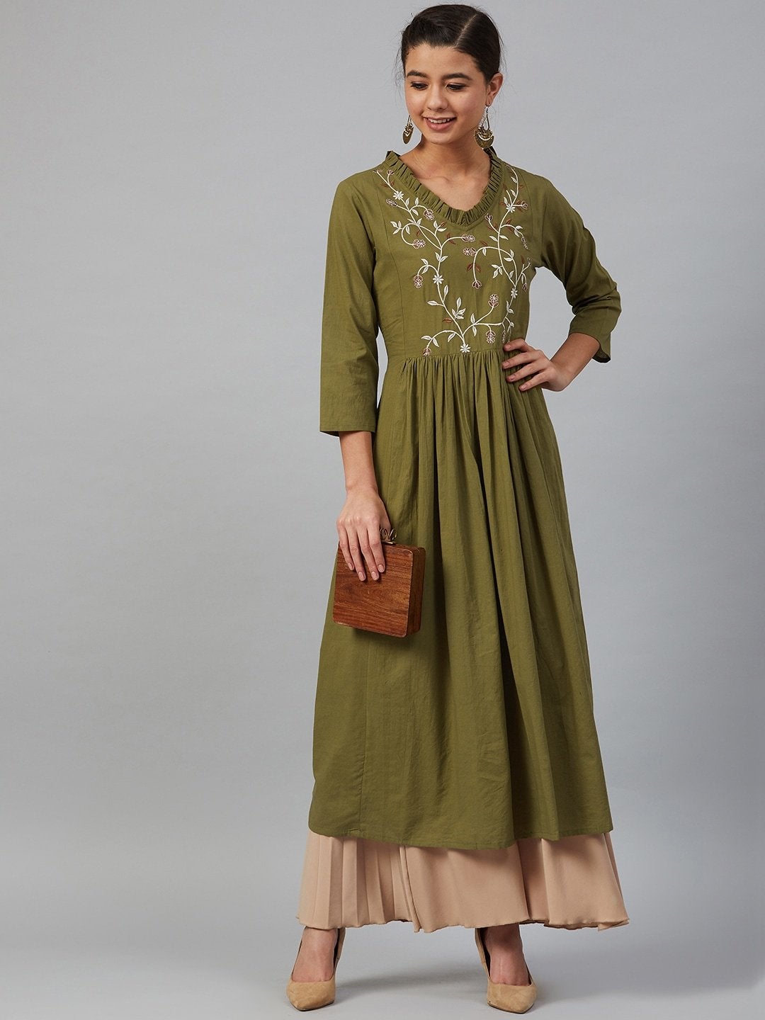 Women's Green Yoke Design A-Line Kurta - Meeranshi