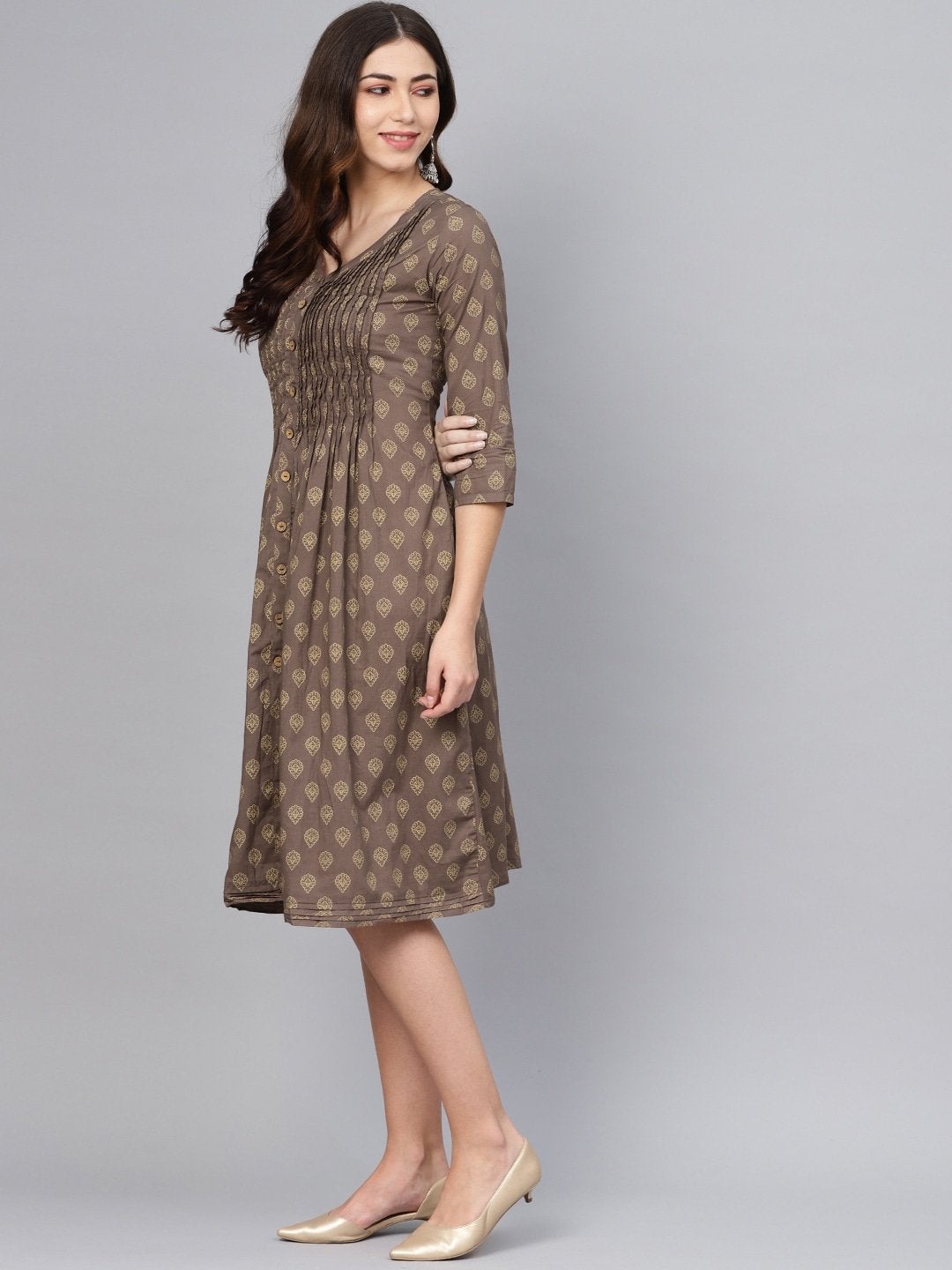 Women's Printed Brown & Beige A-Line Dress - Meeranshi