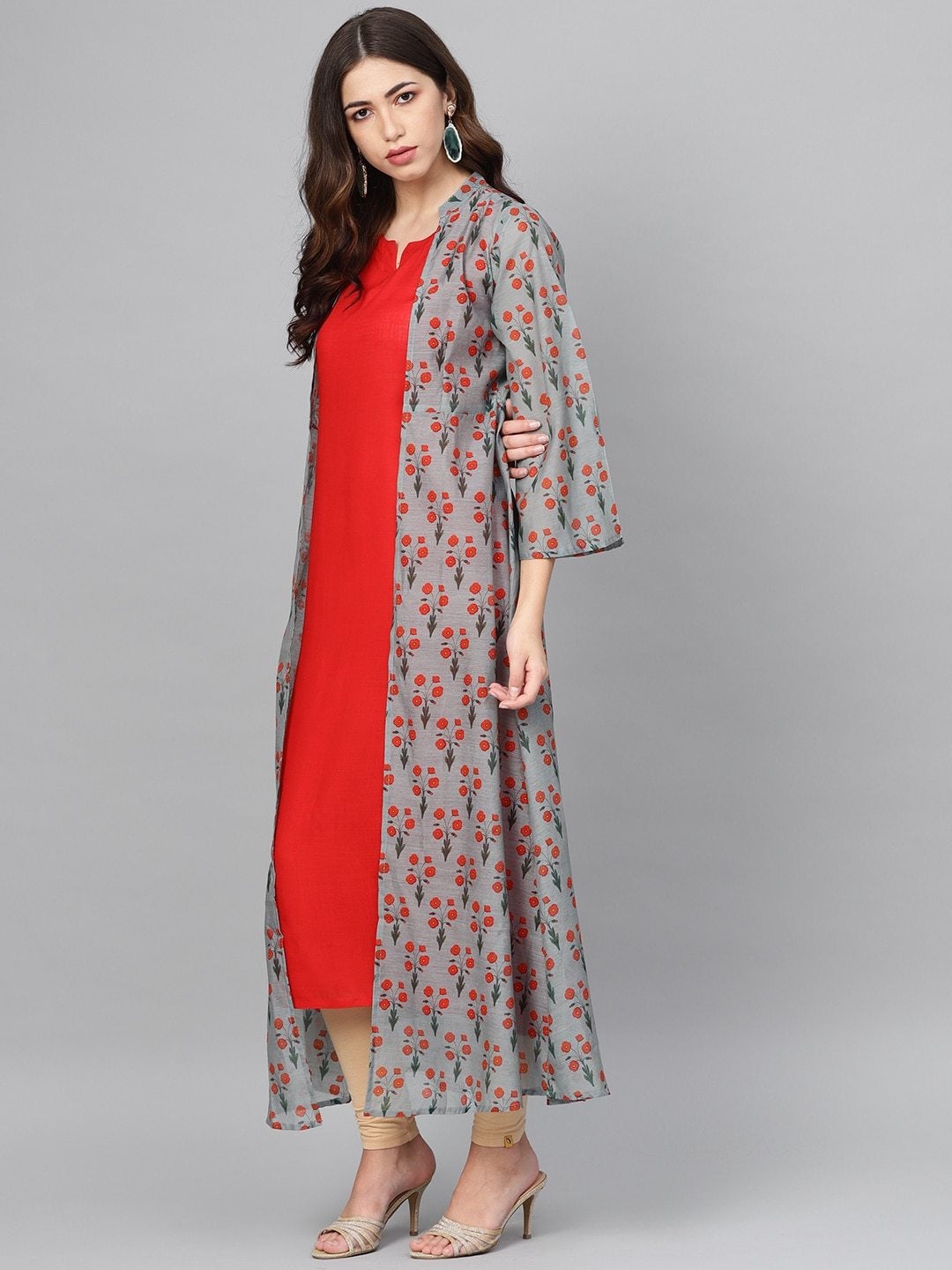 Women's Grey & Red Floral Printed Layered A-Line Kurta - Meeranshi