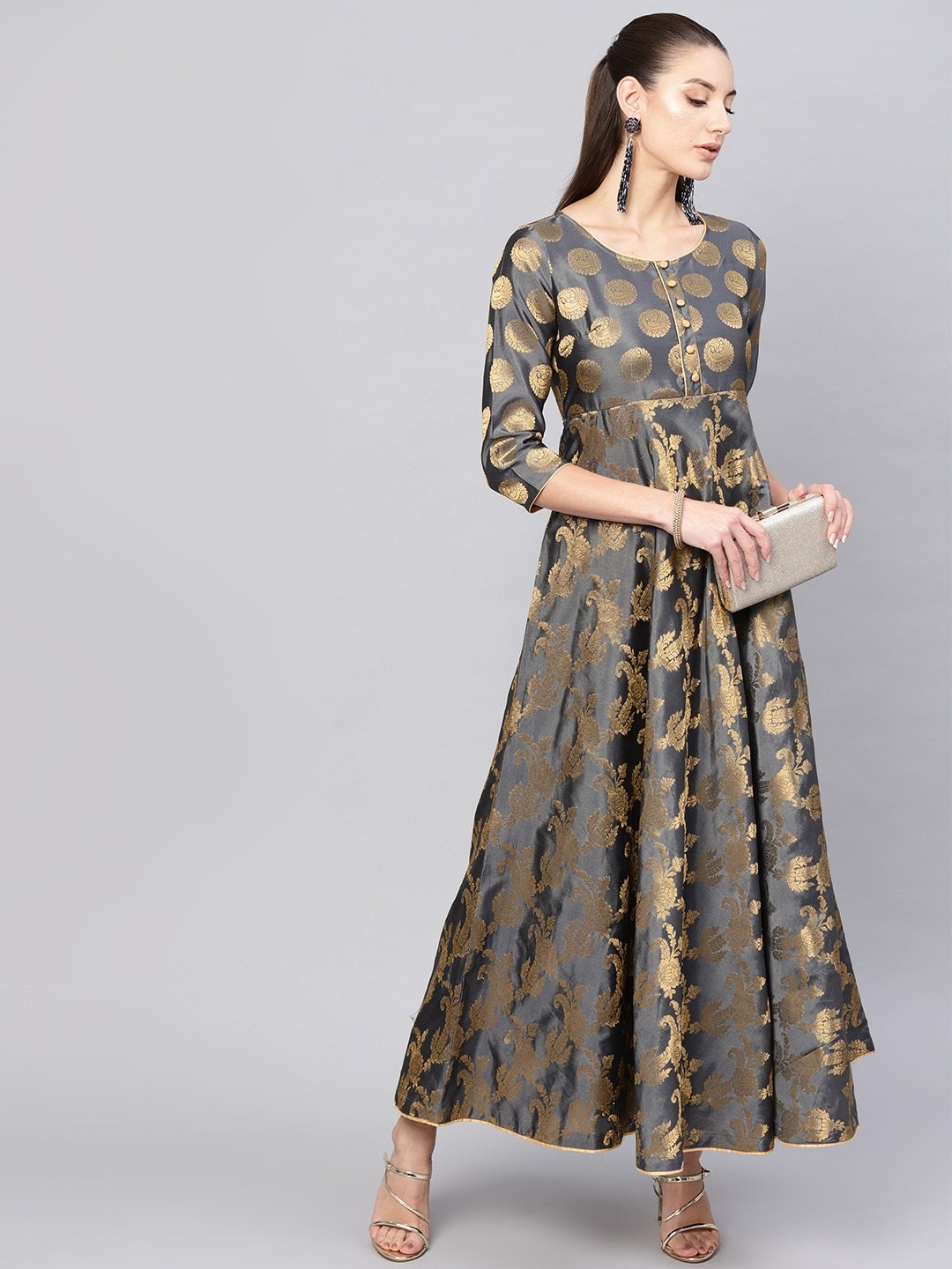 Women's  Charcoal Grey & Golden Self Design Empire Maxi Dress - AKS
