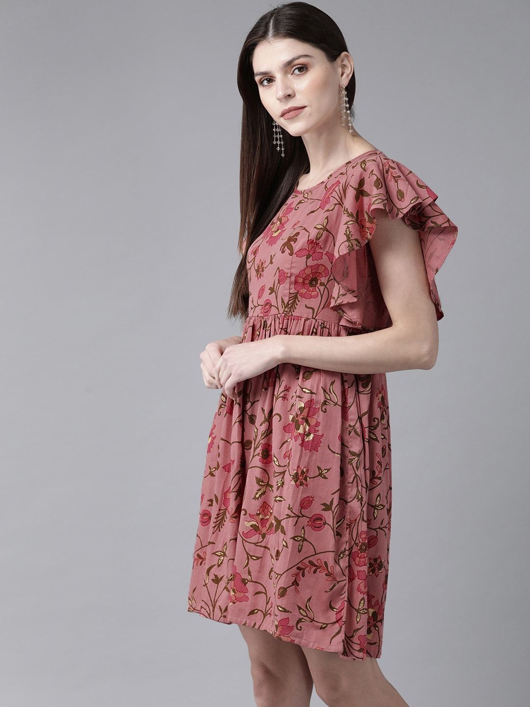 Women's  Pink & Olive Green Printed A-Line Dress - AKS