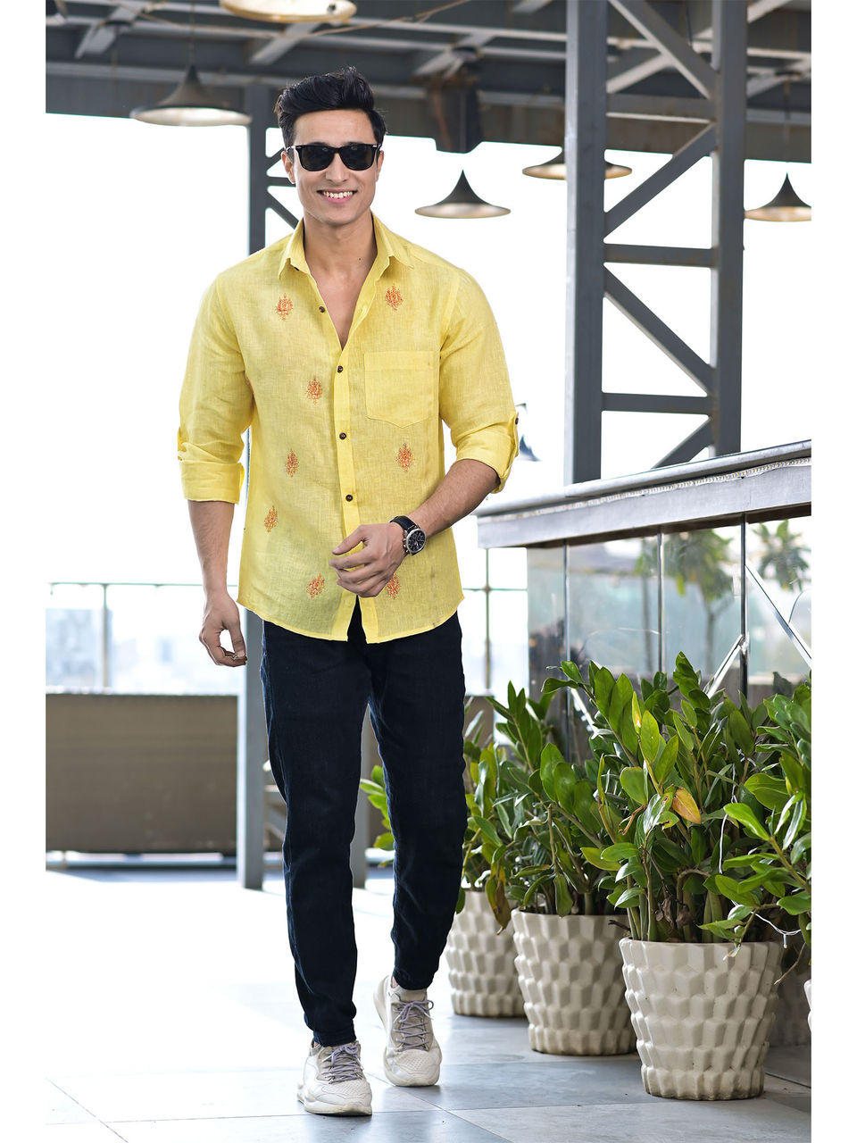 Men's Yellow Linen Embroidery Shirt - Hatheli