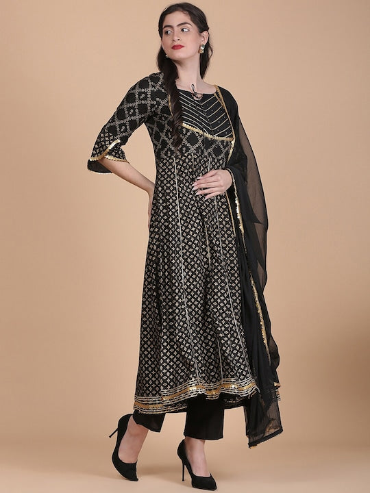 Women's Tie-Up Neck Floral Printed Kurta With Palazzos & Dupatta