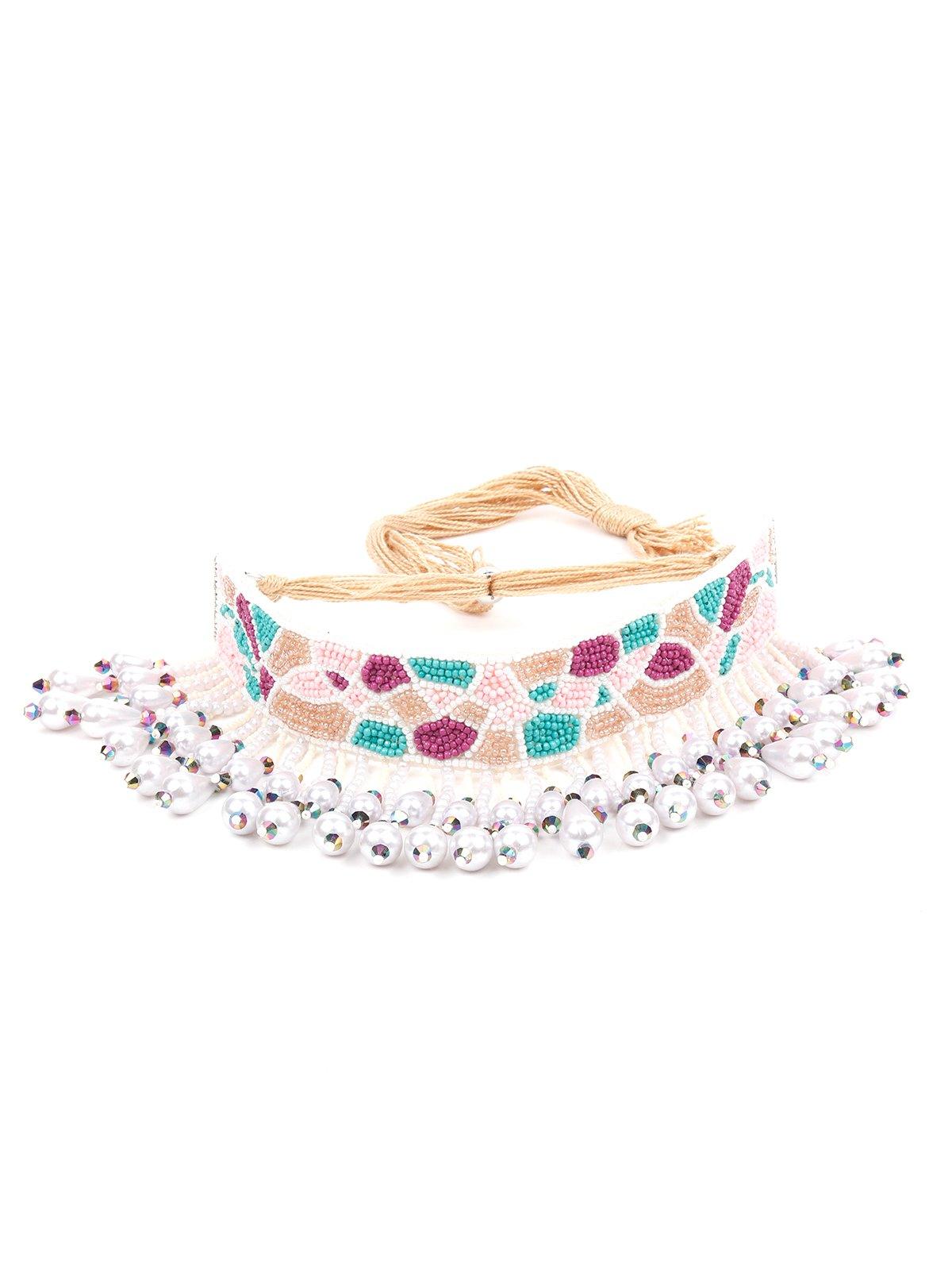 Women's Beaded Choker Necklace With Drop-Down Pearl Design - Odette