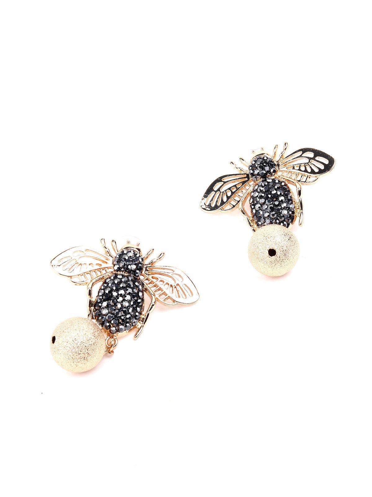 Women's Bee Shaped Gold Tone Texture Drop Earrings - Odette
