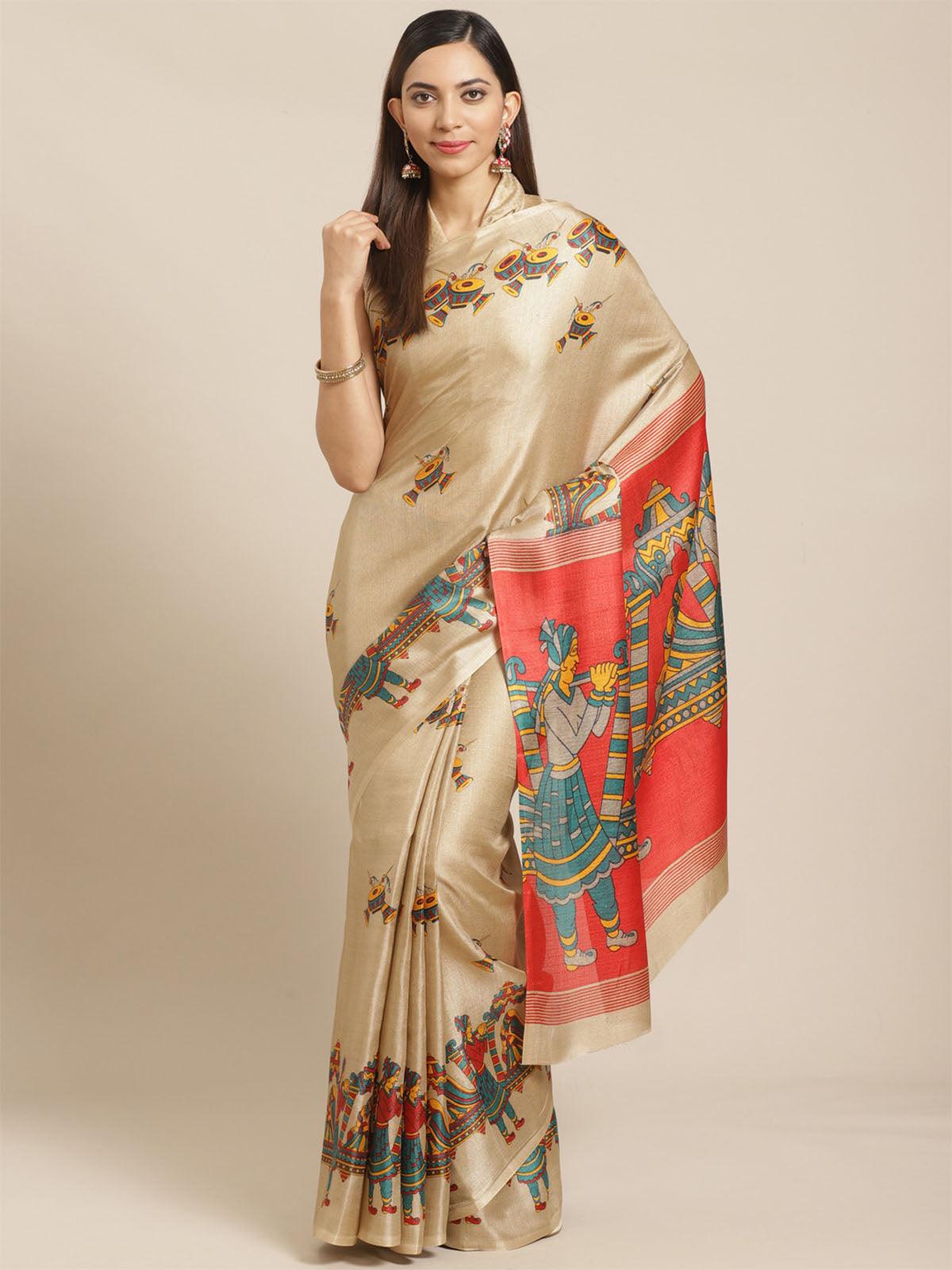 Women's Beige Casual Bhagalpuri Printed Saree With Unstitched Blouse - Odette