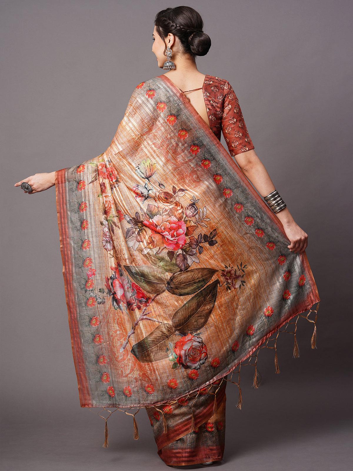 Women's Beige Festive Linen Blend Printed Saree With Unstitched Blouse - Odette