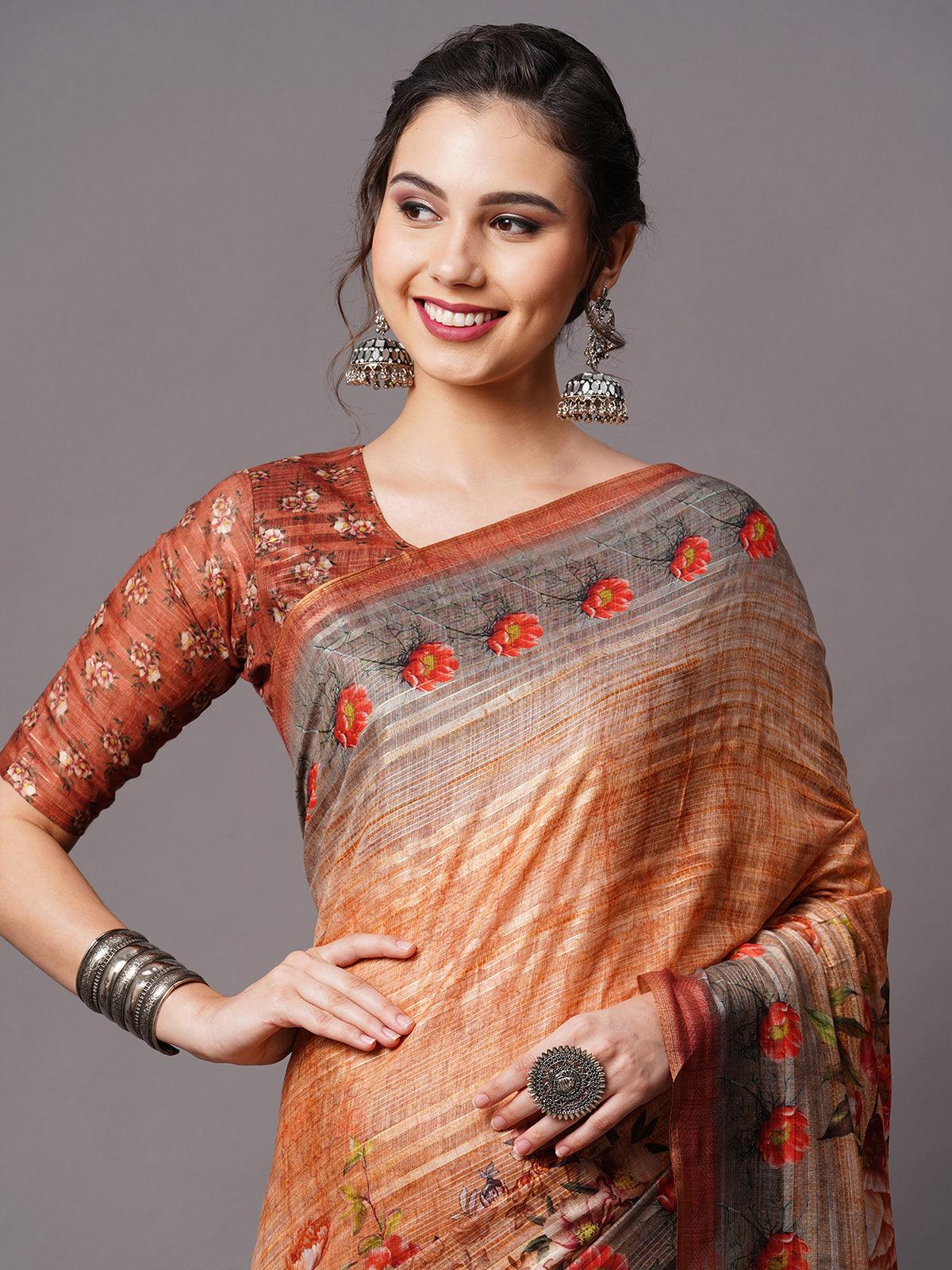 Women's Beige Festive Linen Blend Printed Saree With Unstitched Blouse - Odette
