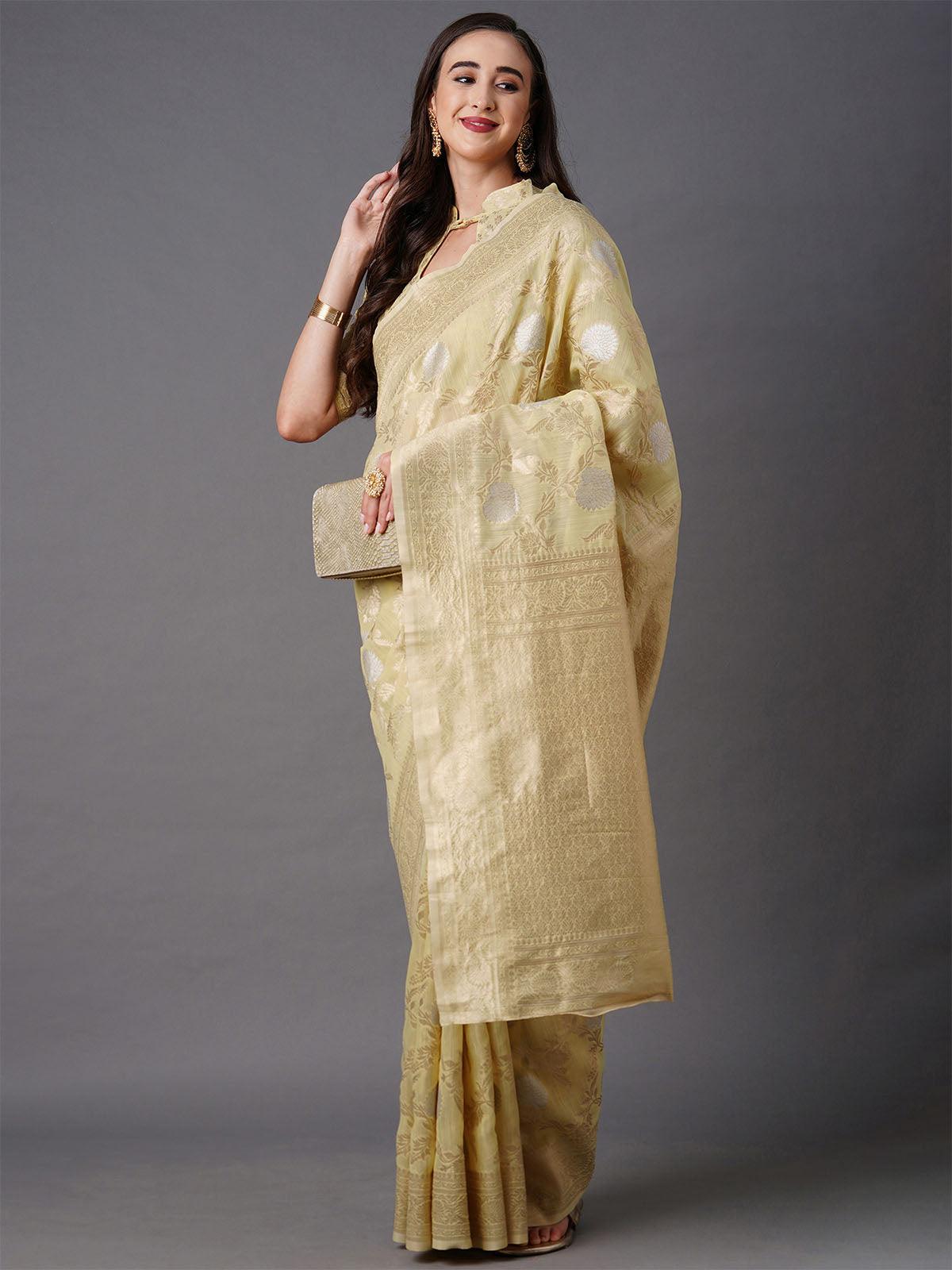 Women's Beige Festive Silk Blend Banarsi Saree With Unstitched Blouse - Odette
