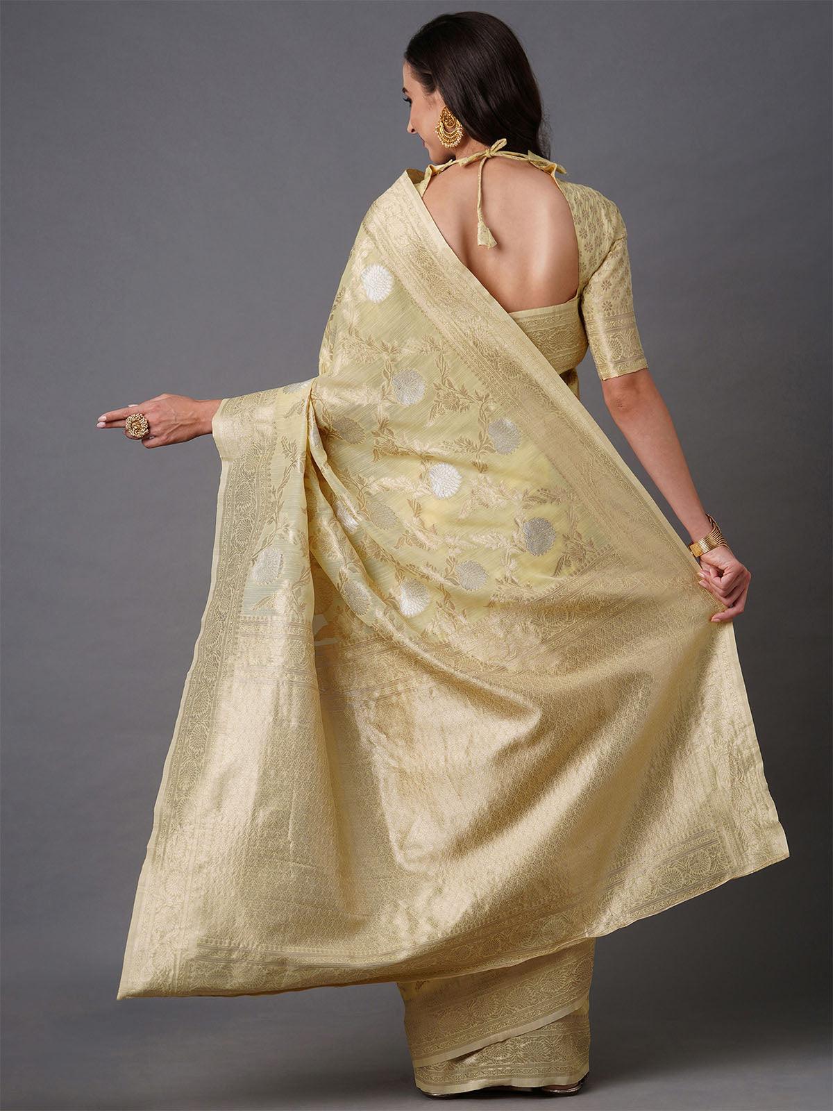 Women's Beige Festive Silk Blend Banarsi Saree With Unstitched Blouse - Odette