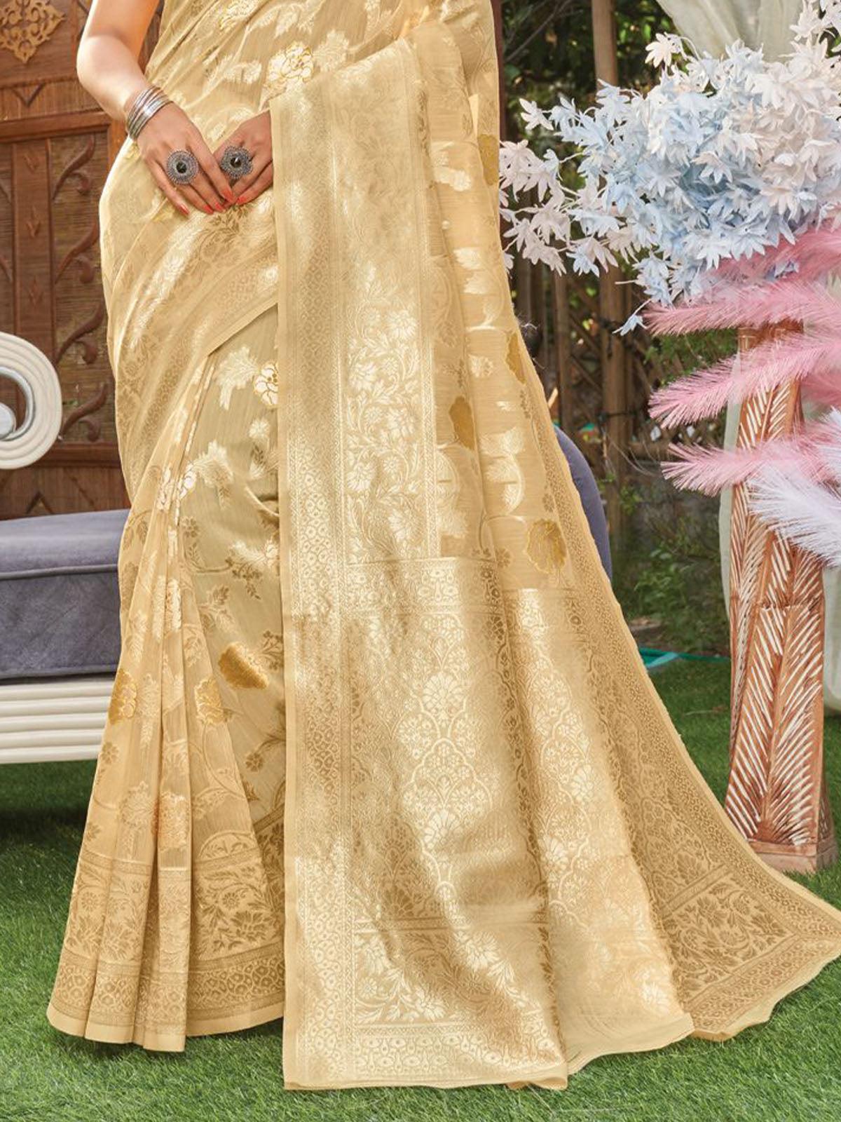 Women's Beige Heavy Woven Designer Linen Saree - Odette