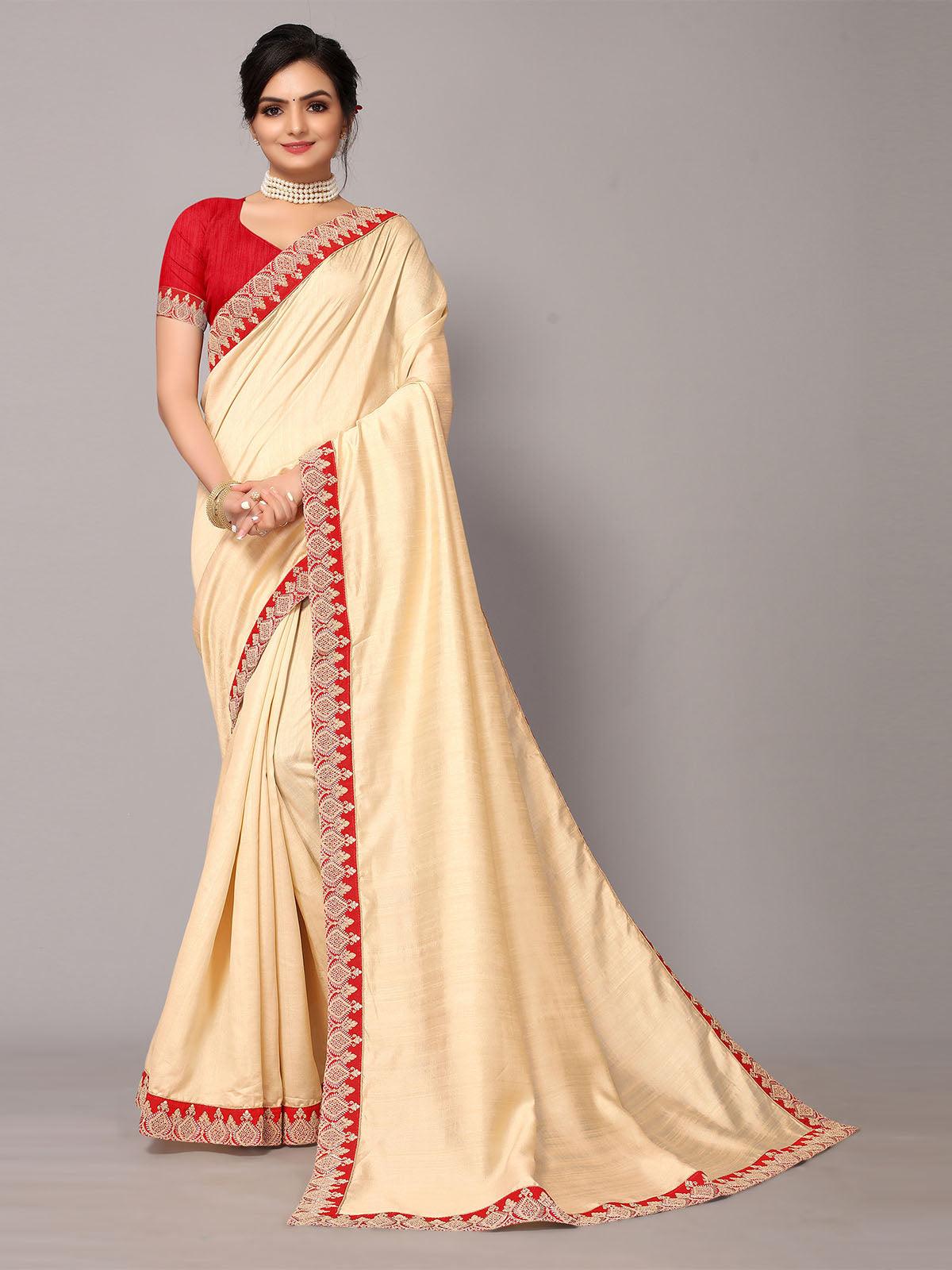 Women's Beige Poly Silk Embroidery Border Work Saree With Blouse - Odette