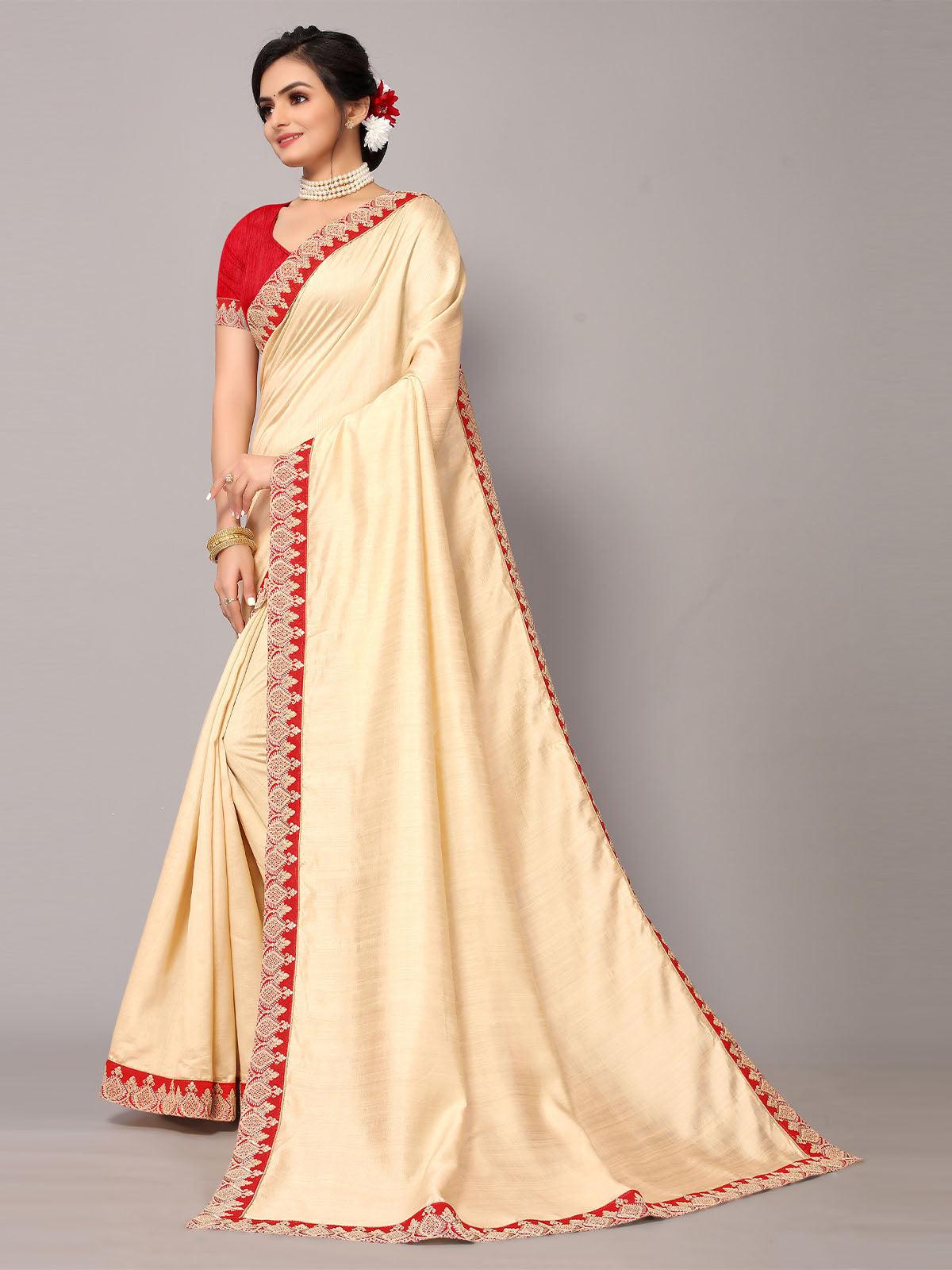 Women's Beige Poly Silk Embroidery Border Work Saree With Blouse - Odette